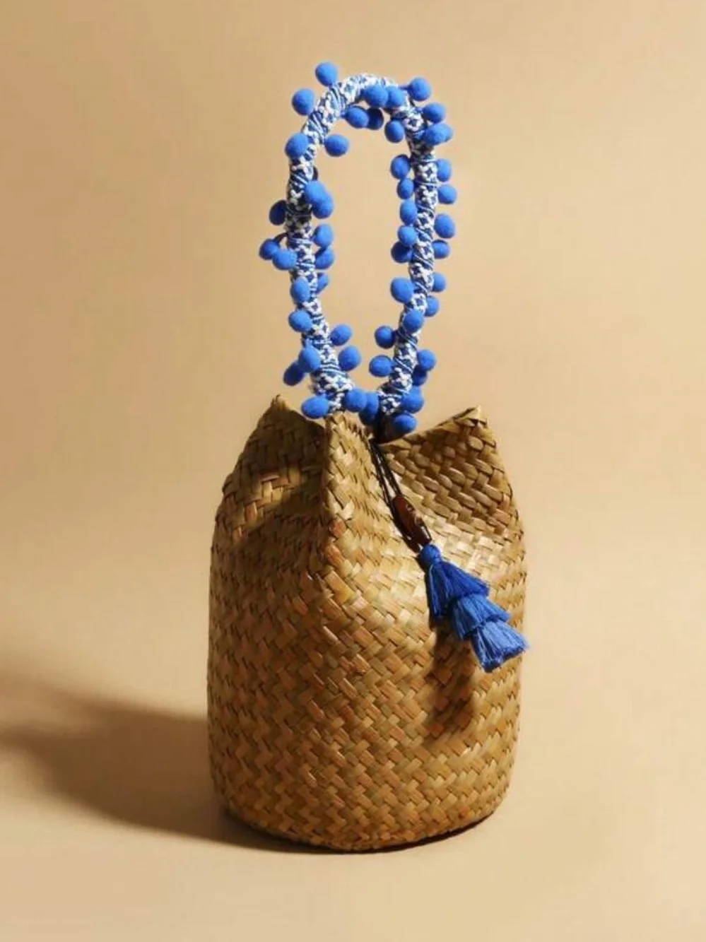 Blue-Accent Woven Straw Bucket Bag